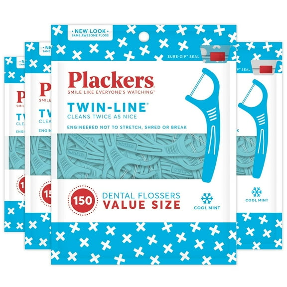 Plackers Dental Floss Picks Cool Mint Twin-Line, 150 Ct - 4 pack