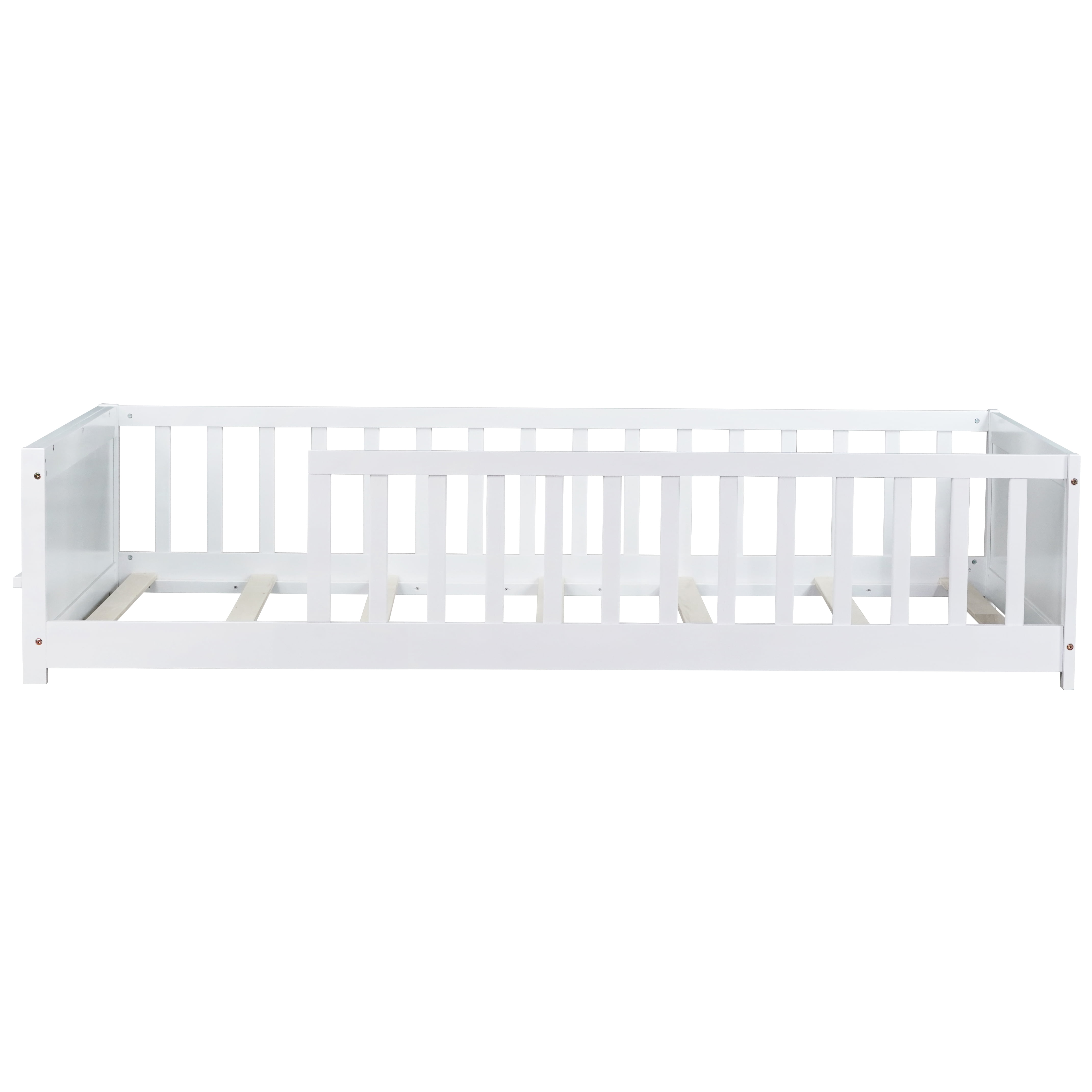 Miniyam Wood Twin Size Floor Bed with Built-in Book Storage Rack for Toddler, White