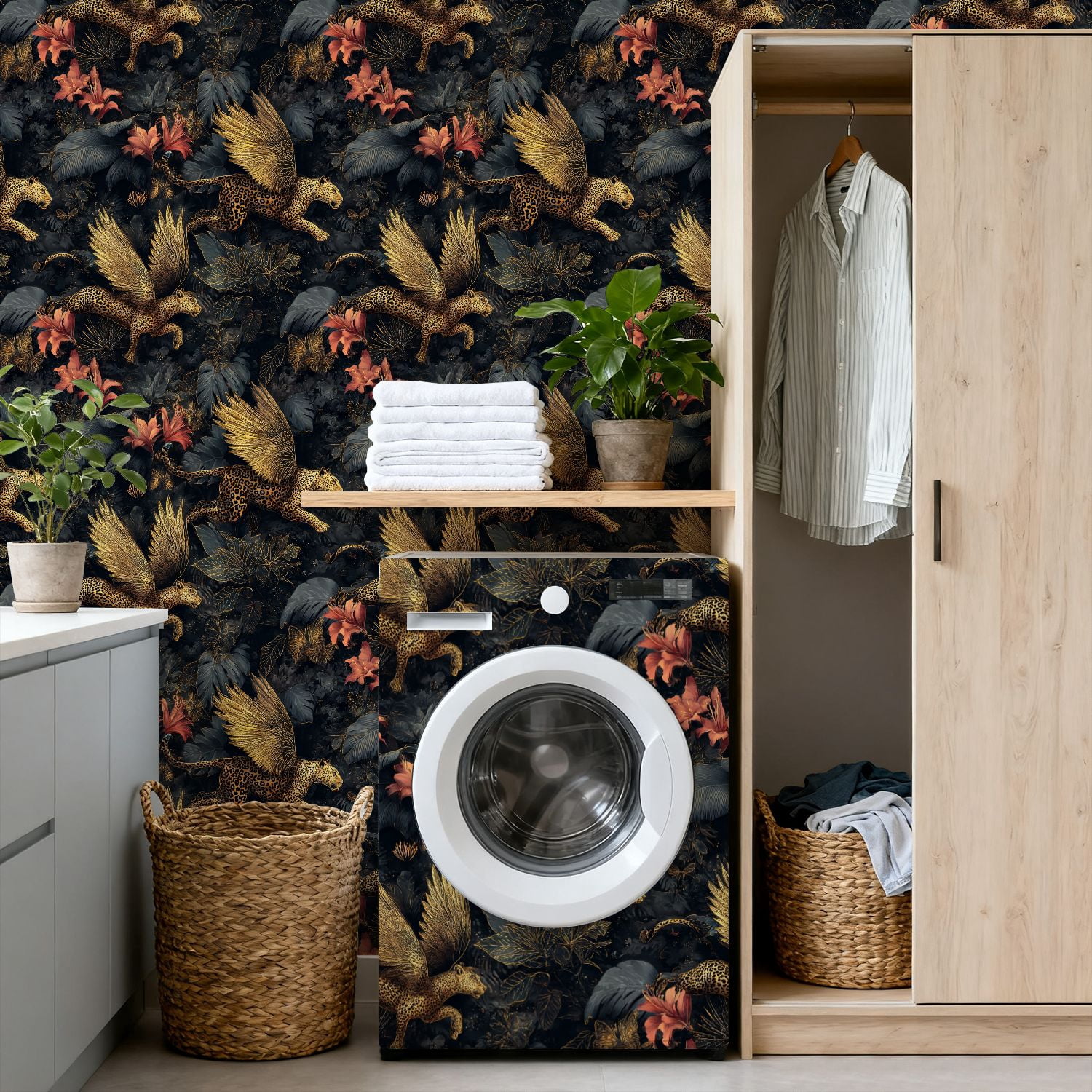 Peel and Stick Wallpaper Golden Winged Leopards Jungle Floral Tropical Leaves Wall Mural 17.7in x 9.8ft Self Adhesive Removable Wall Paper Renter Friendly Wallpaper for Nursery Bedroom Cabinets