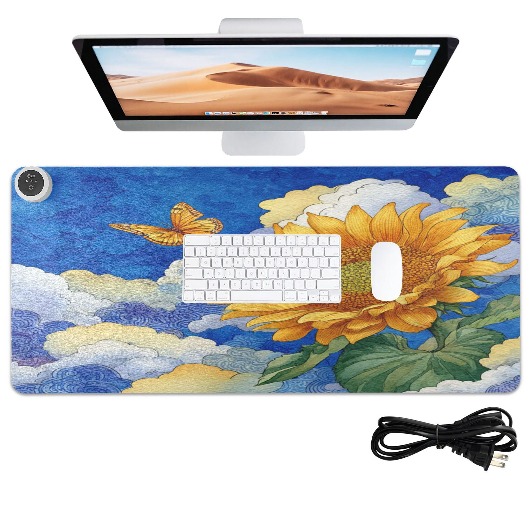Large Heated Desk Mat Mouse Pad 31.5"x13"PU Leather Graphene Heating Desk Warmer with 3 Temperature Settings 110V US Plug Non-Slip Warm Pad for Home, Office, and Gaming Beautiful Sunflower in The Sky