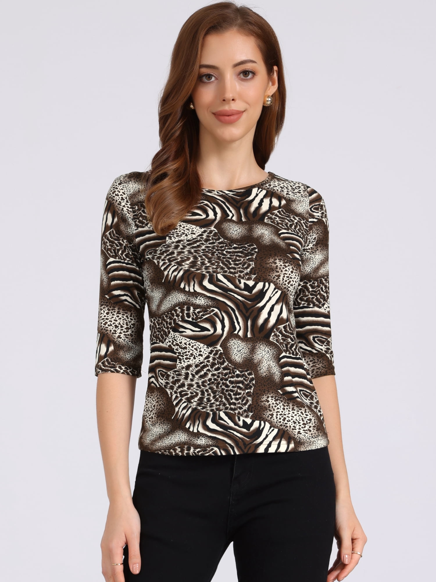 DARING DIVA Women's Elbow Sleeves Round Neck Slim Basic Printed T-Shirt L Coffee-Animal