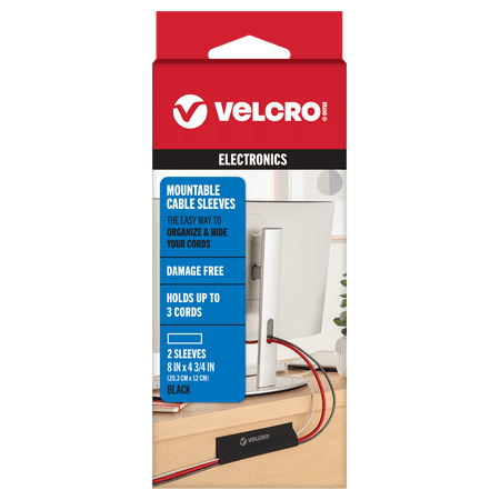 VELCRO Brand Cable Sleeve | Cord Management Mounts on Walls, Desk or Entertainment Center | Removable Adhesive is Damage Free | 8in Black, 2pk, 8in - 2Pk