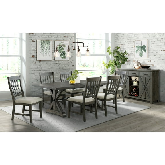 Extendable Dining Table Set for 8 - Rectangular Table with Wine Rack & 6 Chairs - Distressed Gray Finish