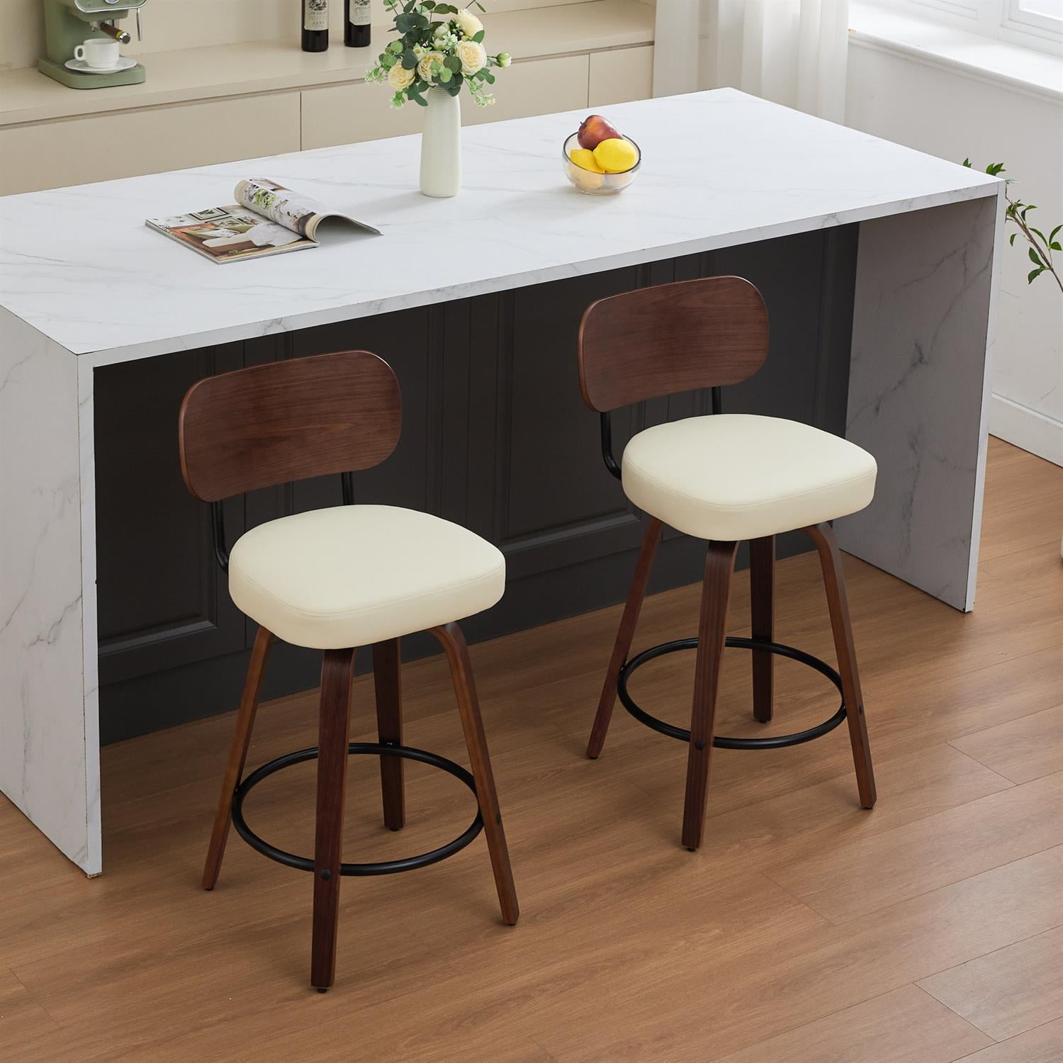 Demi Bonn 35" Swivel Bar Stools Set of 2 with Upholstered Faux Leather， Walnut Back & Bentwood Legs, Counter Height Stools for Kitchen or Bar Seating, Beige