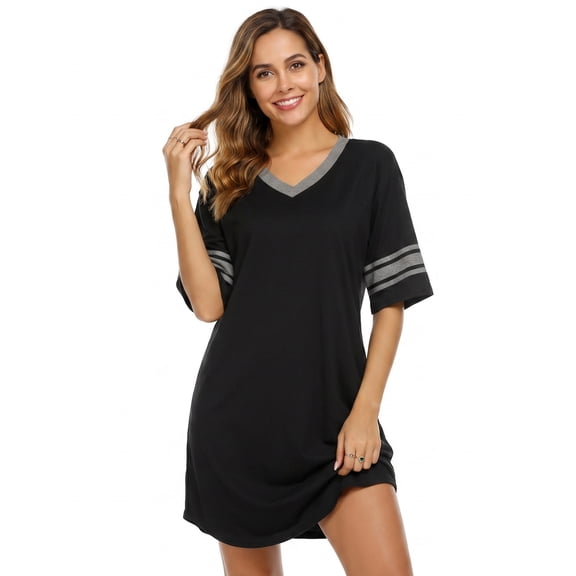 MLDRA Nightgown for Women Short Sleeve Sleepwear Casual Cotton Sleep Shirt Soft V Neck Lounge Sleep Shirts Color Block