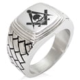 thumbnail image 1 of Stainless Steel Freemasons Masonic Skull & Crossbones Geometric Pattern Step-Down Biker Style Polished Ring, 1 of 1