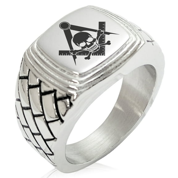 Stainless Steel Freemasons Masonic Skull & Crossbones Geometric Pattern Step-Down Biker Style Polished Ring