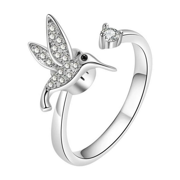 Hummingbird Spoon Ring Adjustable Open Ring 1.8 Ct Diamond 14K White Gold Over