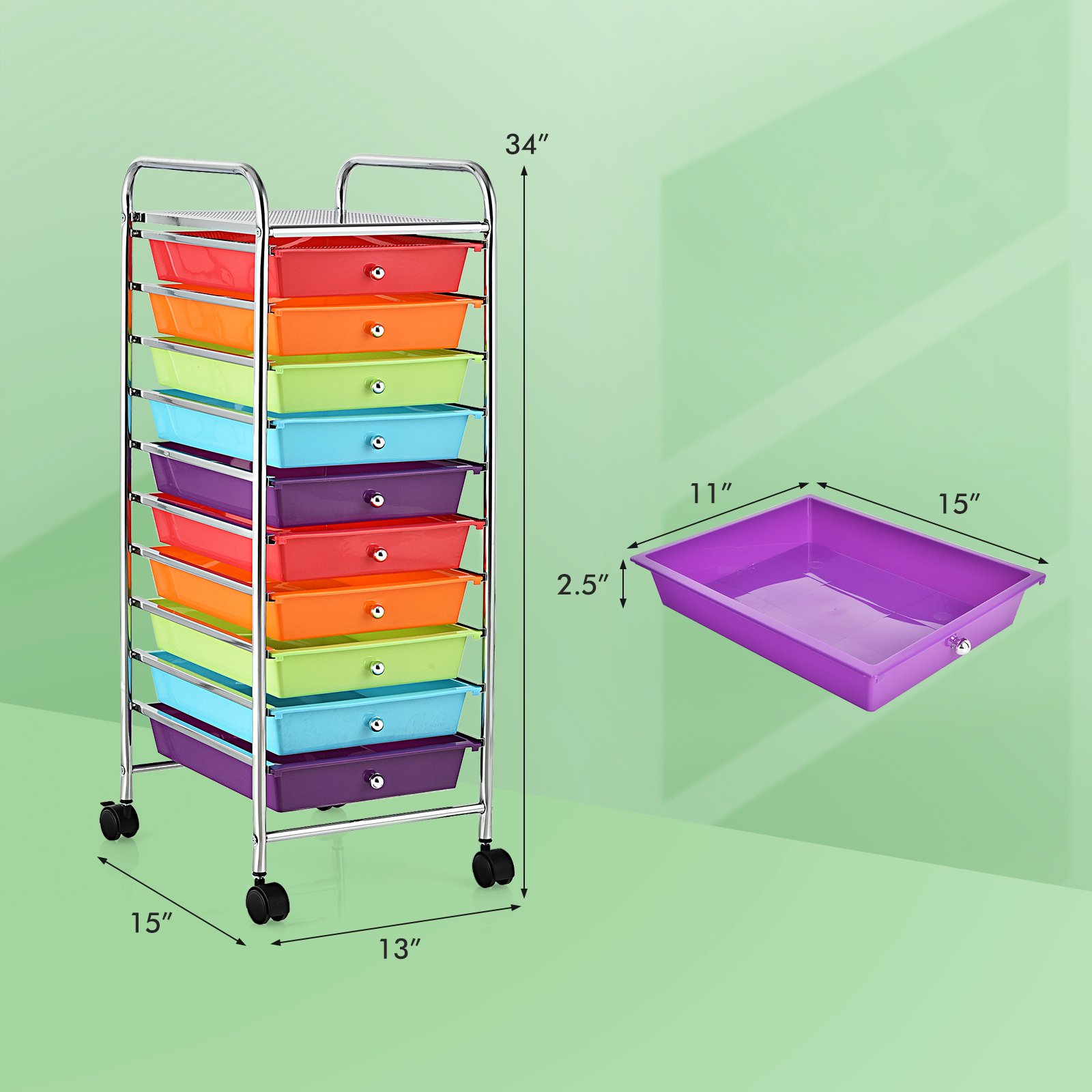 Costway 10 Drawer Rolling Storage Cart Scrapbook Office School