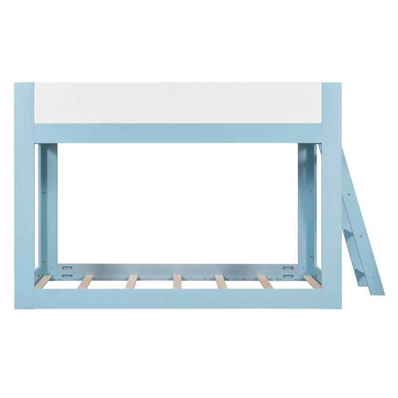 Twin-Over-Twin Low-Profile Bunk Bed with Guardrails, Wooden Kids Bed with Reversible Ladder, Accent Two-Tone Bed Frame