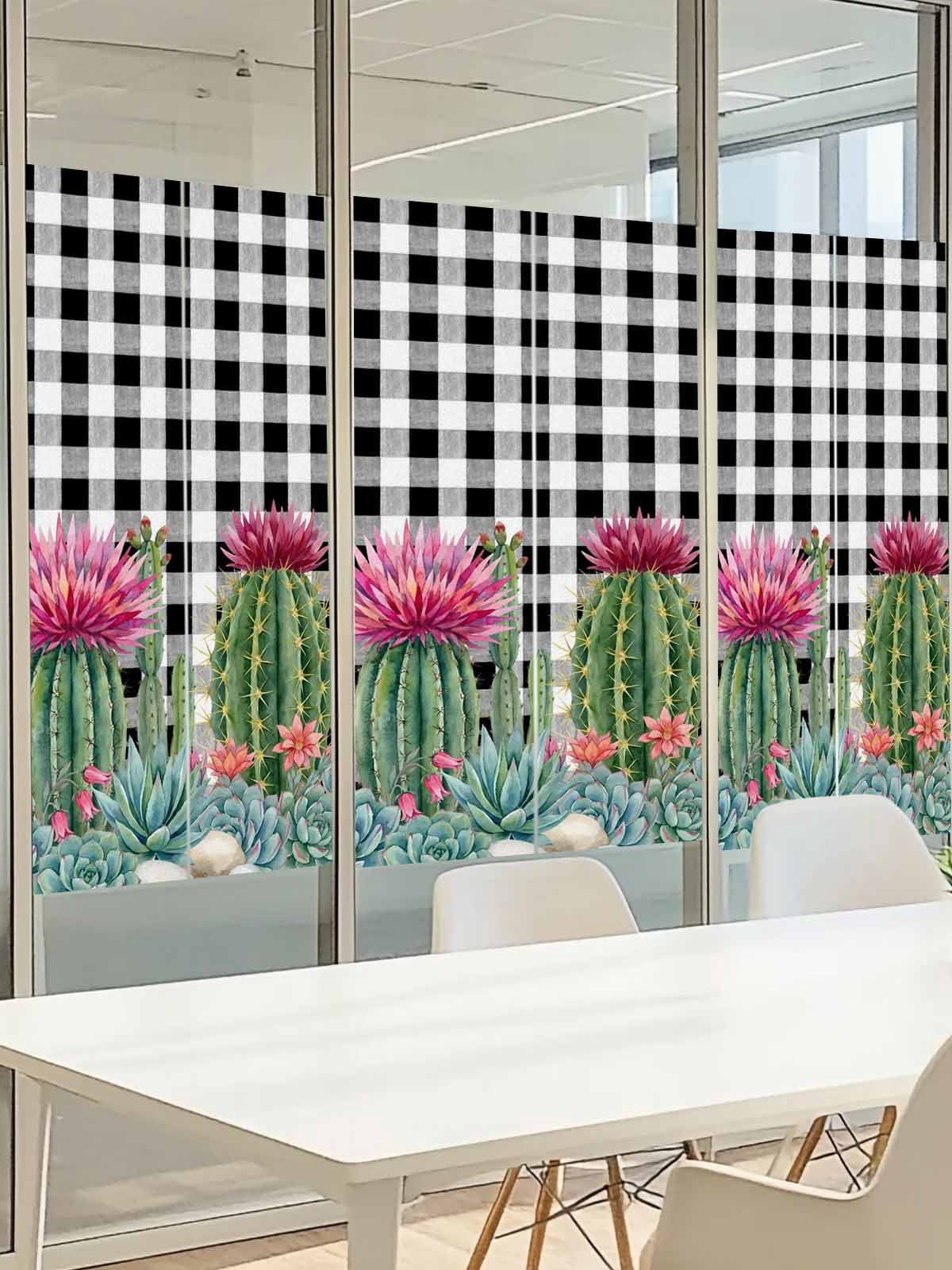 Summer Botanical Window Privacy Film, Tropical Saguaro Opuntia Green Cactus Black Plaid Frosted Glass Window Clings Static Cling UV Heat Blocking Reusable Door Sticker for Bathroom 23.6 x 59 Inch
