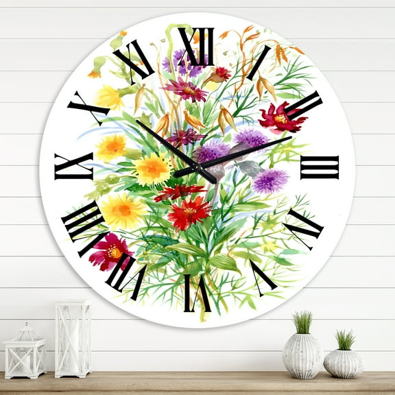 Designart 'Colorful Wildflowers In Nature' Farmhouse Wall Clock