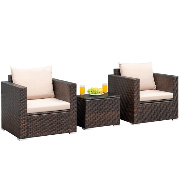 Patiojoy 3-Pirce Rattan Patio Furniture Set with 2 Cushioned Sofas and Coffee Table, Brown