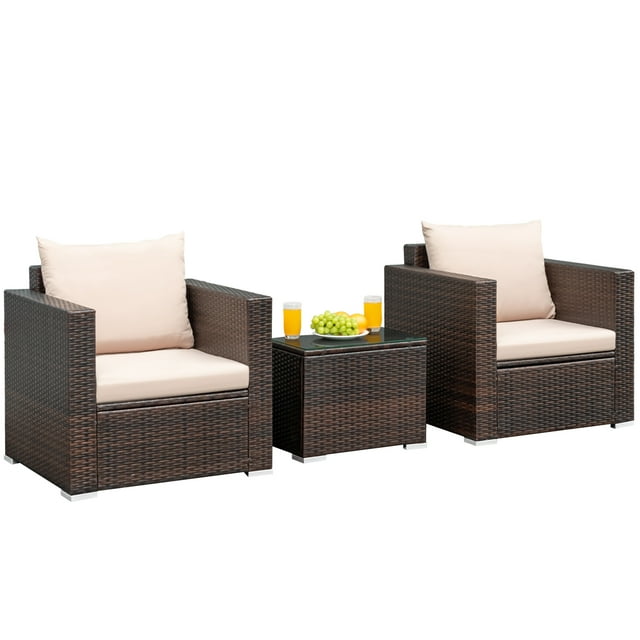 Patiojoy 3PCS Patio Rattan Furniture Set with 2 Cushioned Sofas & Coffee Table for Outdoor Brown