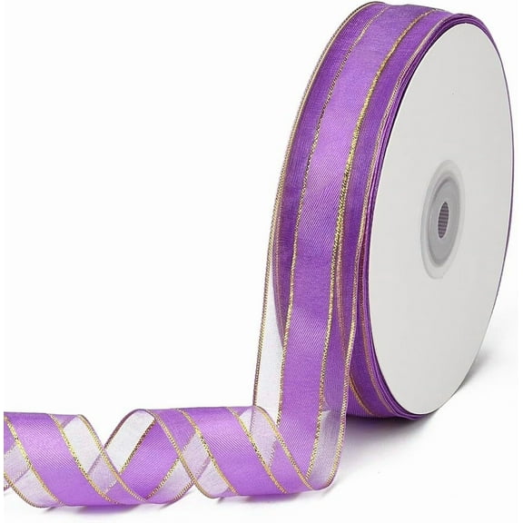 50 Yards 1 Inch Purple Chiffon Ribbon Gold Edge Trim Metallic Sheer Organza Transparent Voile Mesh Ribbons Bulk with Spool for Sewing Making Crafts Gift Wrapping Wreaths Christmas Diy Supply diy