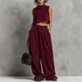 thumbnail image 2 of mihongmao Summer 2 Piece Sets For Women Dressy Club Outfits Women Turtleneck Sleeveless Crop Top 2 Piece Outfit Casual Loose Wide Leg Sweatpants Set With Pockets Wine 2X, 2 of 5