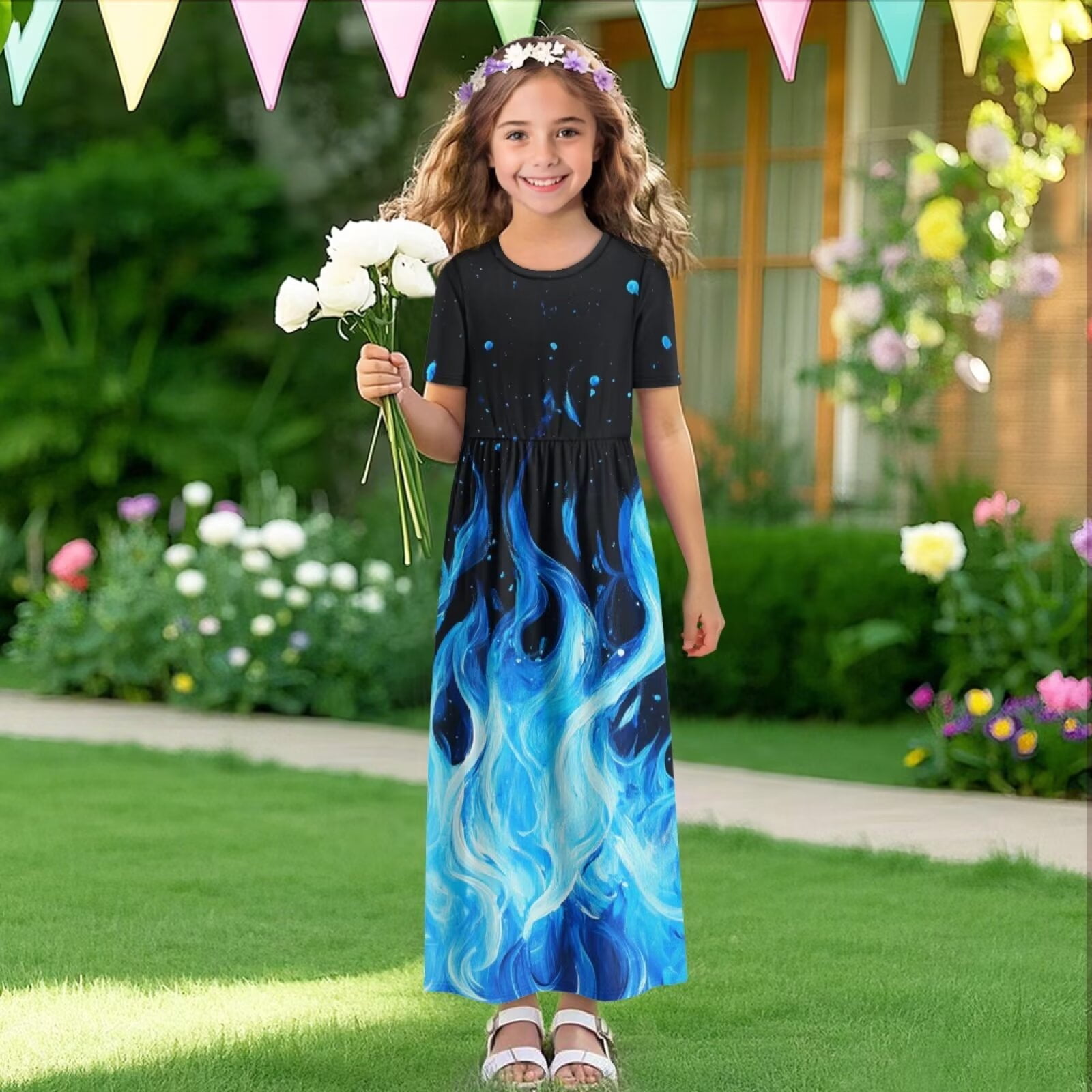 Uourmeti Girl's Maxi Dress Blue Fire Print Short Sleeve Long Dresses Crew Neck Elegant Casual Sundress with Pockets, Size 5-6 Years