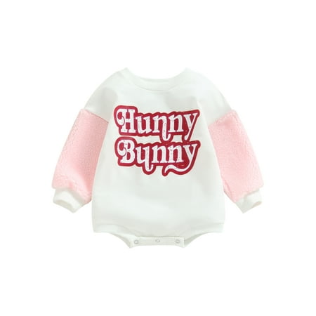 

IZhansean Newborn Infant Baby Girl Easter Outfit Letter Romper Sweatshirt Oversized Crewneck Sweater Bodysuit Clothes White 6-12 Months