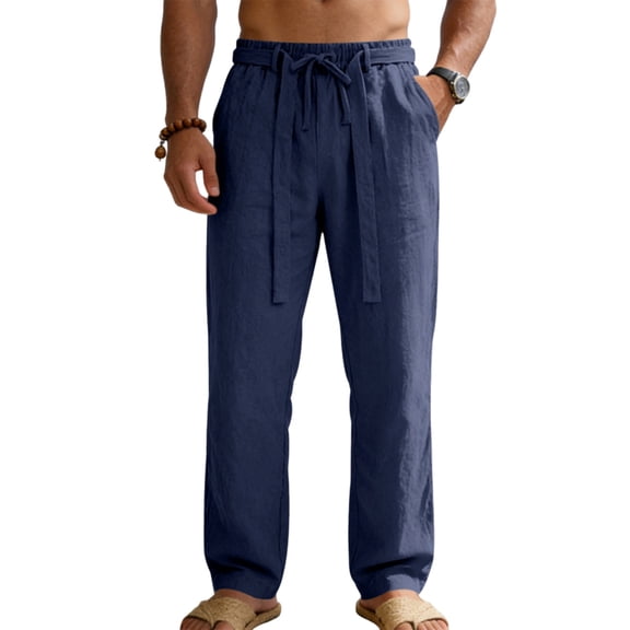 Men's Linen Pants Lightweight Drawstring Elastic Waist Pockets Loose Fit Straight Legs Summer Beach Yoga,M