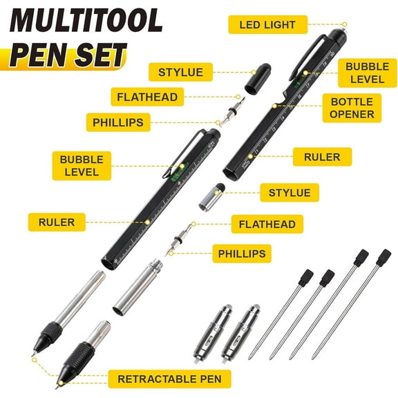 DASAW-Gifts for Him, Dad, Husband, 11 in 1 Multitool Pen with LED Light, Ruler, Level, Screwdriver, Stylus, Flathead, Fathers Day Dad Gifts from Daughter Wife Son, Cool Birthday Gadgets for Men, Blac