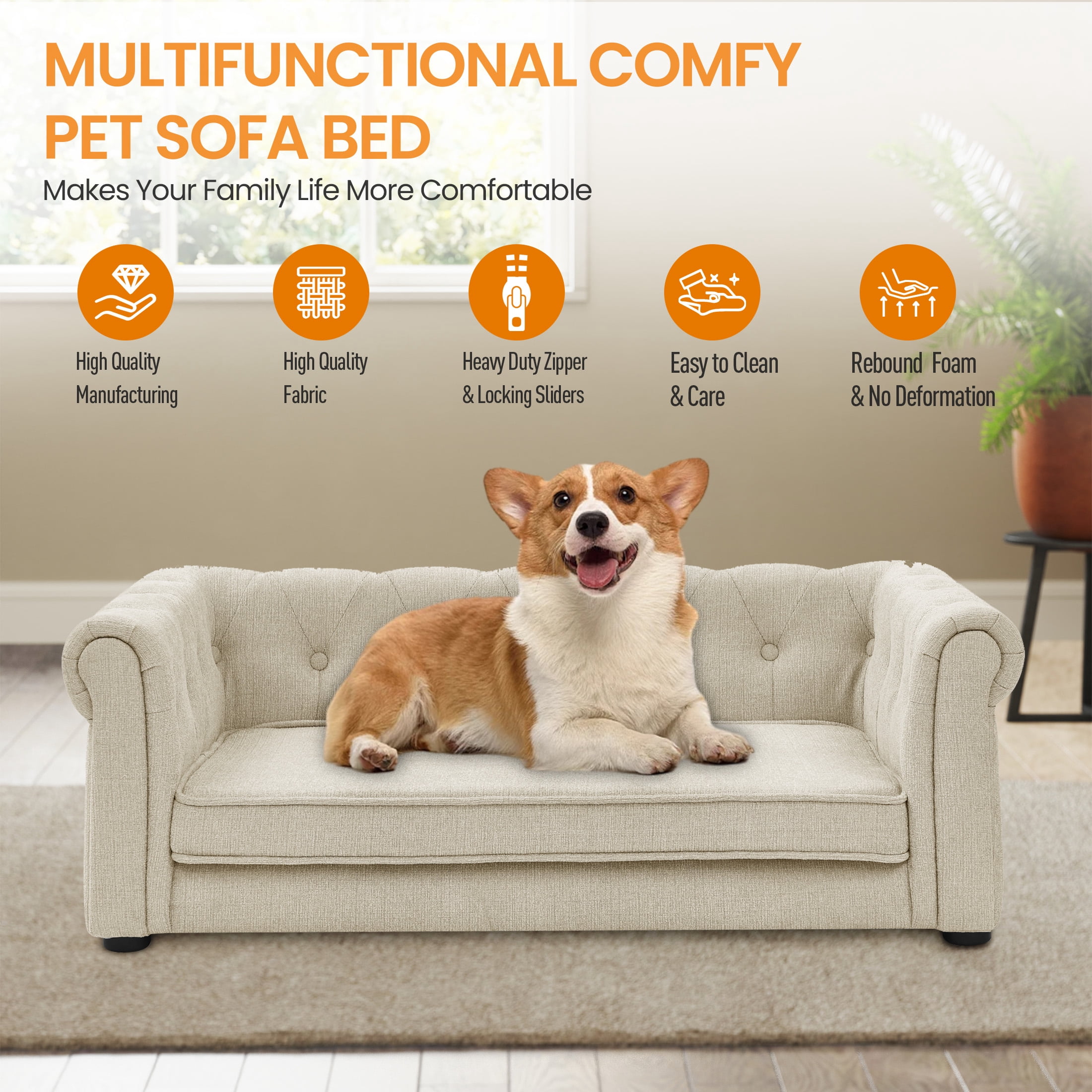Aukfa Dog Beds for Medium and Large Dog, 33" Elevated Pet Sofa Bed Support up to 100 lbs, Beige