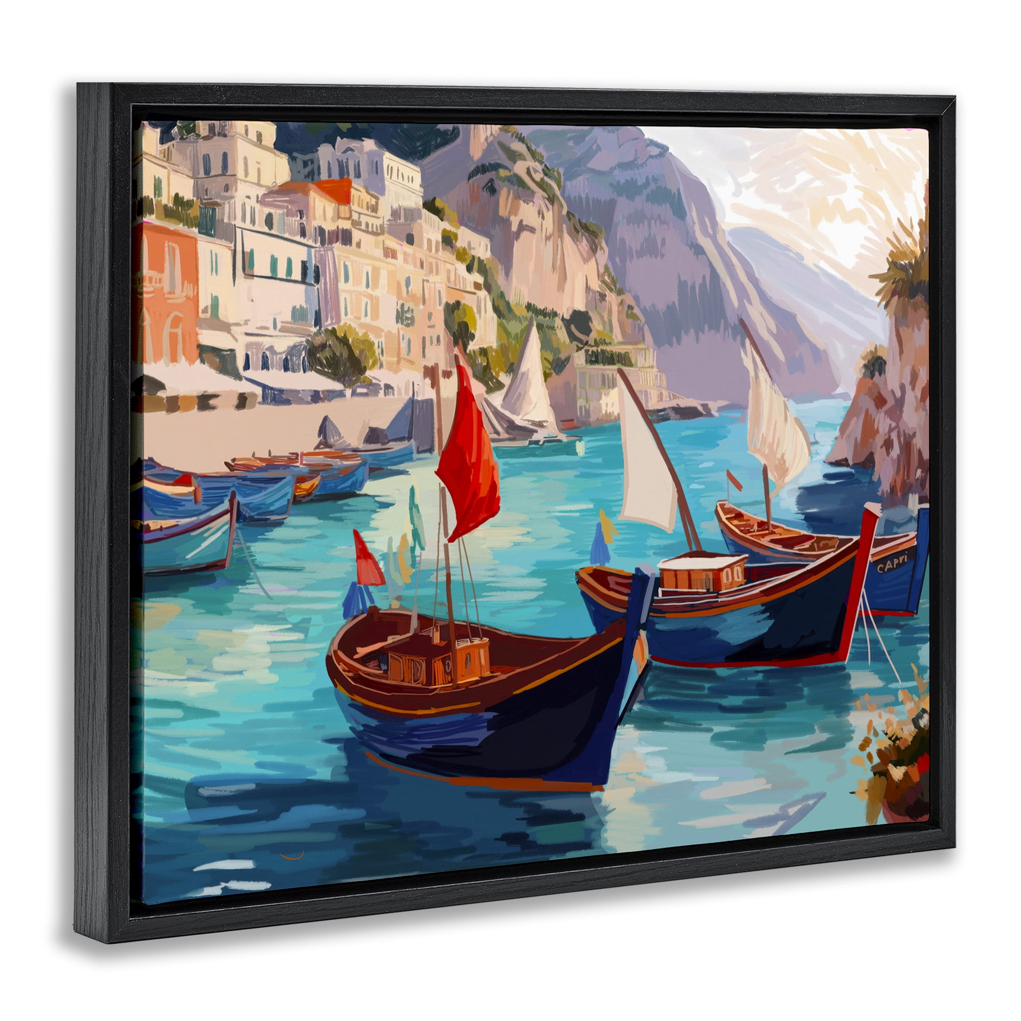 Stupell Industries Capri Boat Marina View Nautical & Beach Painting Black Floater Framed Canvas Art Print Wall Art, 21 x 17