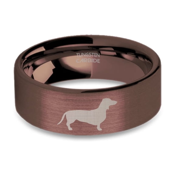 Doxen Dog Dachshund Engraved Rustic Brushed Brown Tungsten Ring, 8mm, Size 15