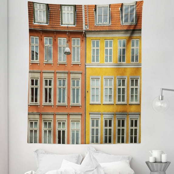 Yellow Orange Tapestry, European Scenery Colorful Historic Copenhagen Apartments Photo, Fabric Wall Hanging Decor for Bedroom Living Room Dorm, 5 Sizes, Burnt Sienna and Mustard, by Ambesonne