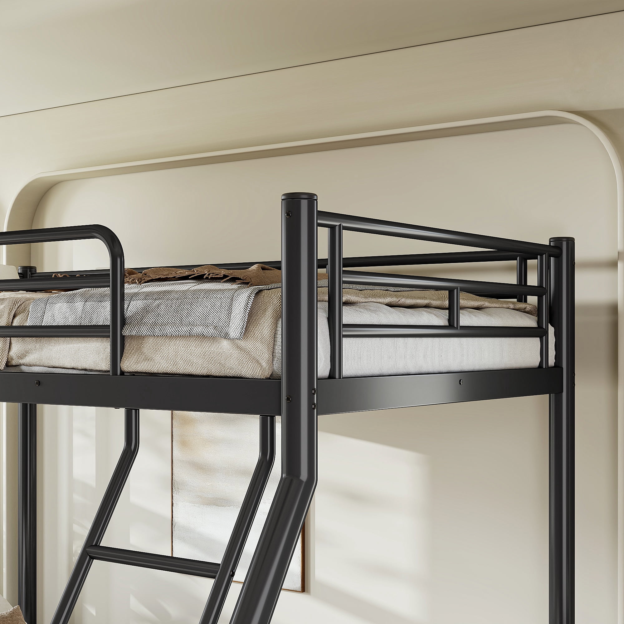 GARITIN Twin XL Over Queen Size Metal Bunk Bed 82.4 Inch, Bunk Bed Frame with Ladder and Guardrails for Teens Adults, Black
