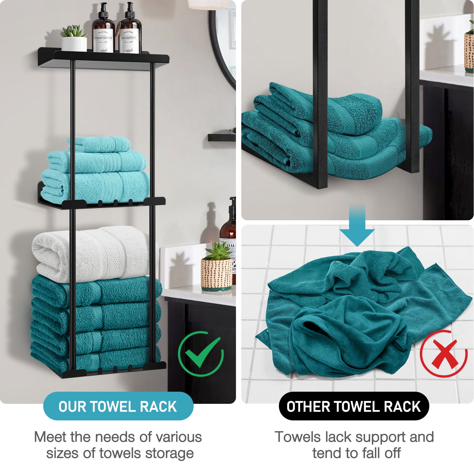 Livhil Towel Racks for Bathroom, Vertical Wall Towel Rack for Rolled Towels Metal Bath Towel Holder for Folded Large Towel Washcloths, 3 Tier
