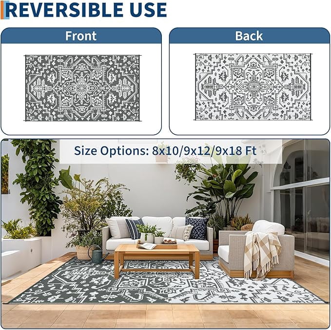 Waterproof Outdoor Rug 9x18 Reversible Plastic Straw Patio Rug, Stain-Resistant Vintage Medallion Carpet, Large Indoor Outdoor RV Mat for Deck, Camping, Balcony, Grey White