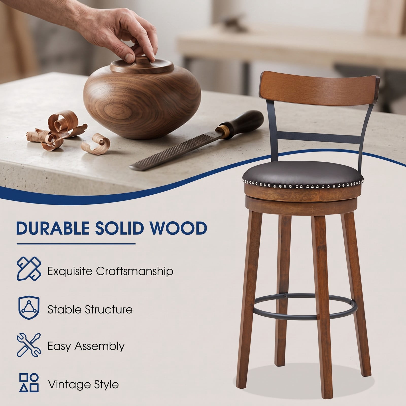 Furnibear Set of 2 30.5 Inch Swivel Pub Height Bar Stools, Rubber Wood Counter Bar Chairs with PVC Leather Padded Seat, Ergonomic Backrest and Anti-Slip Foot, Brown
