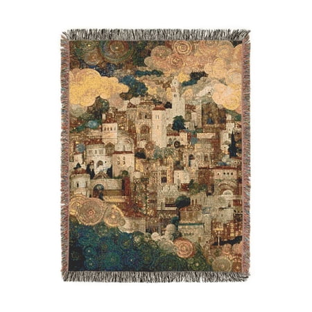 Golden Teal Dream City Woven Throw Blanket 100% Cotton Vintage Fantasy Style for Home Decor