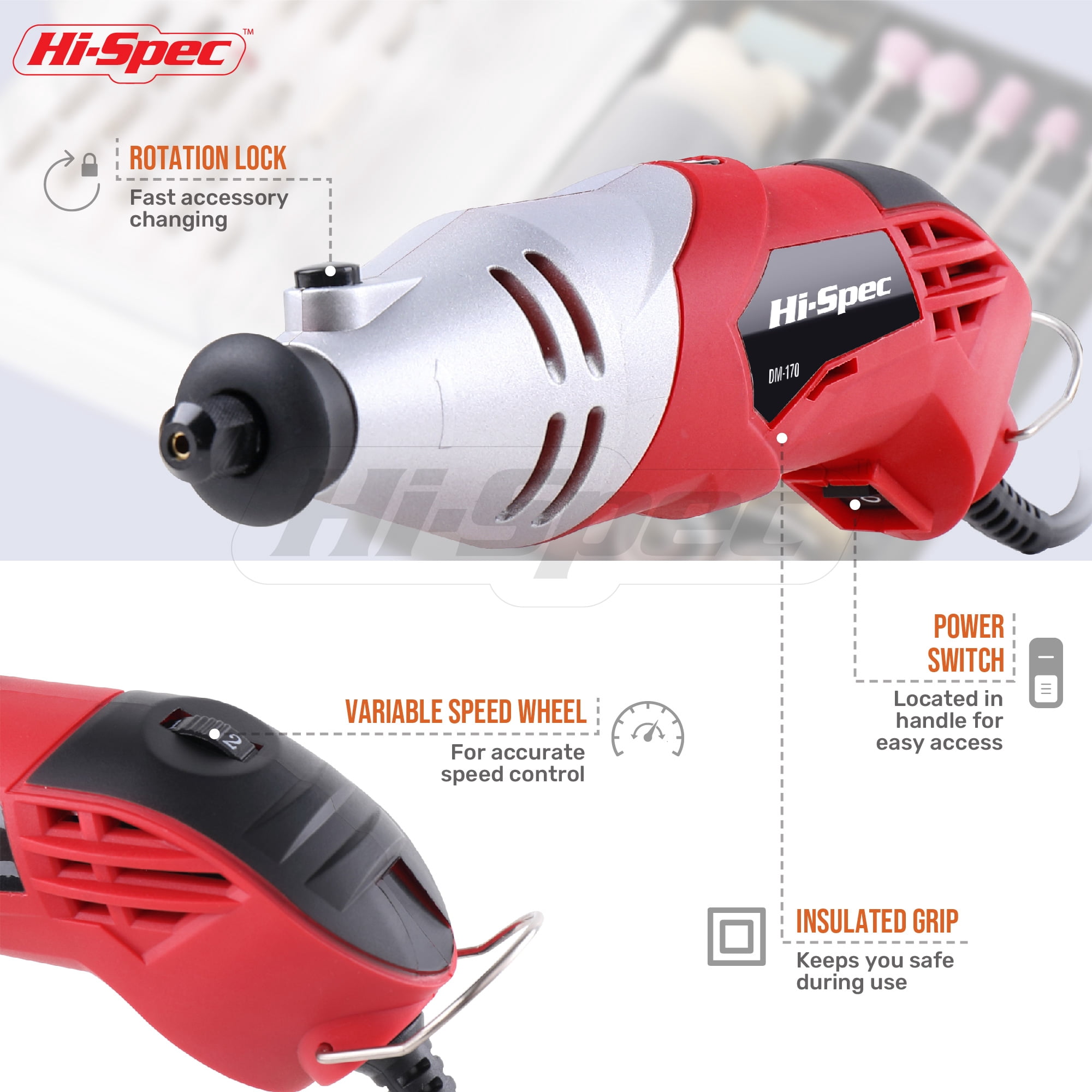 Hi-Spec DT30305 160W Corded Electric Rotary Tool Kit, Drill, 35000 RPM, 2 Speeds, 121 Pieces, 110V