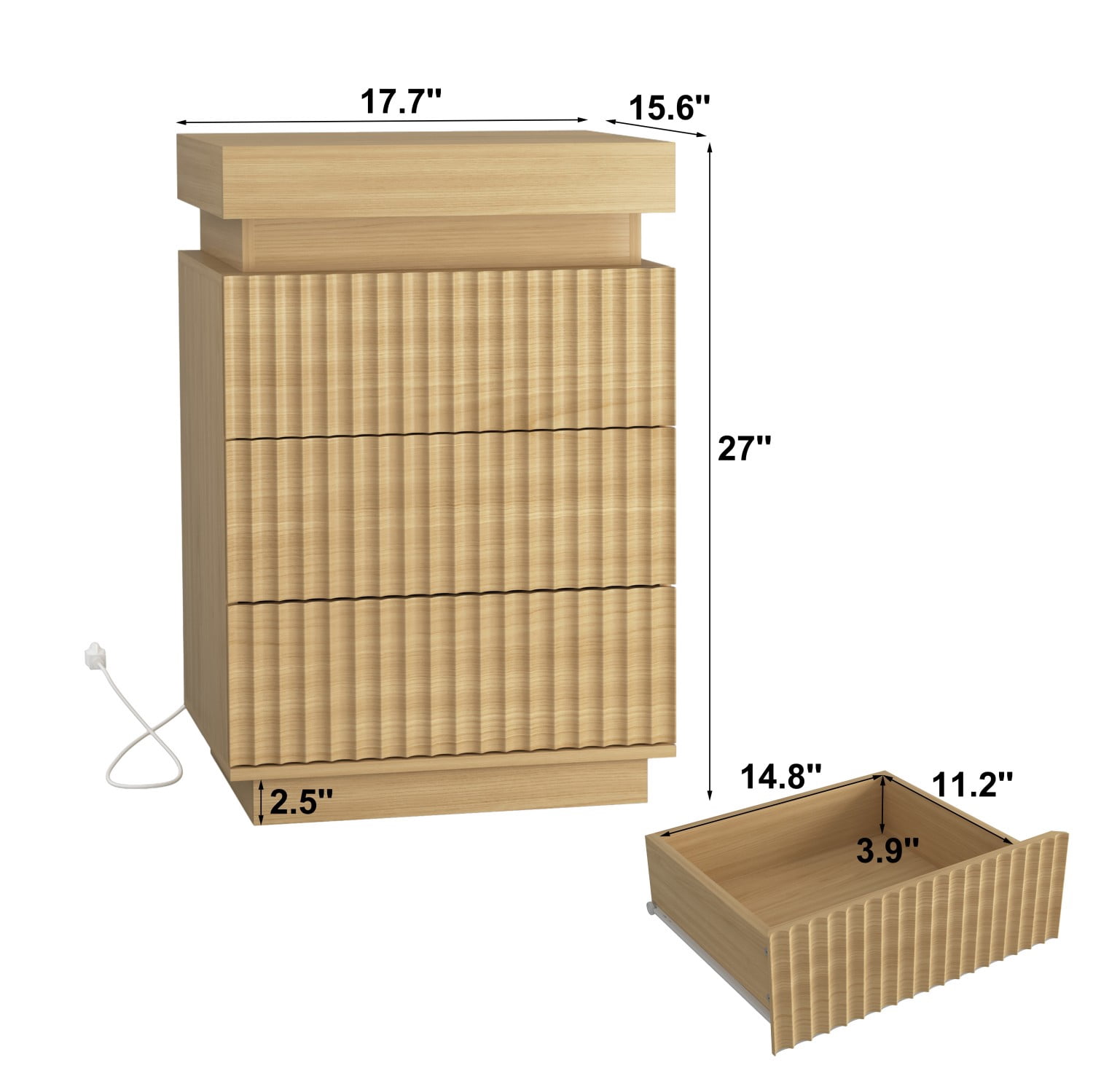 Set of 2 Natural Nightstands with Charging Station & LED Lights, Fluted Wave Panel Bedside Tables with Hidden Sliding Top Storage, 3 Drawer Night Stands for Bedroom & Living Room