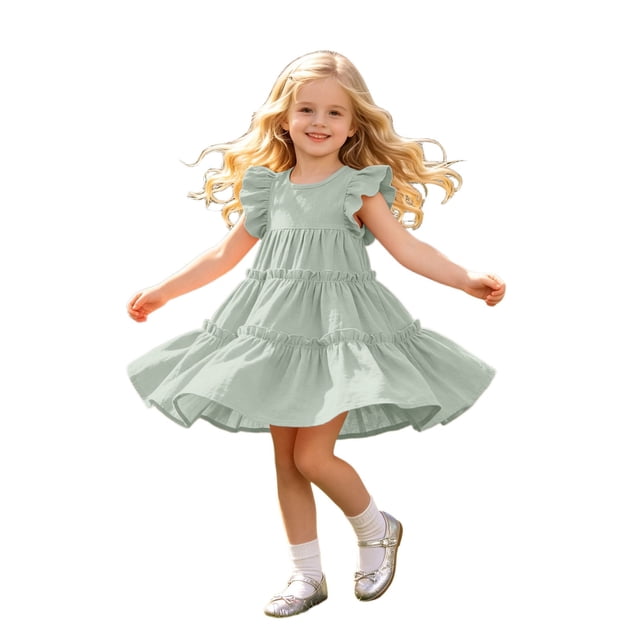 FhsagQ Robe de Fête à Étages pour Filles avec Manches à Volants et Design Plissé pour l'Été (Vert Taille 6-7 Ans)