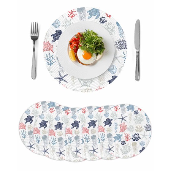 Blue Red Coastal Round 13 Inch Placemats Set of 6, Nautical Summer Beach Coral Sea Turtle HeatResistant Non Slip Place Mats for Dining Table, Wipeable Braided Kitchen Table Mats for Housewarming