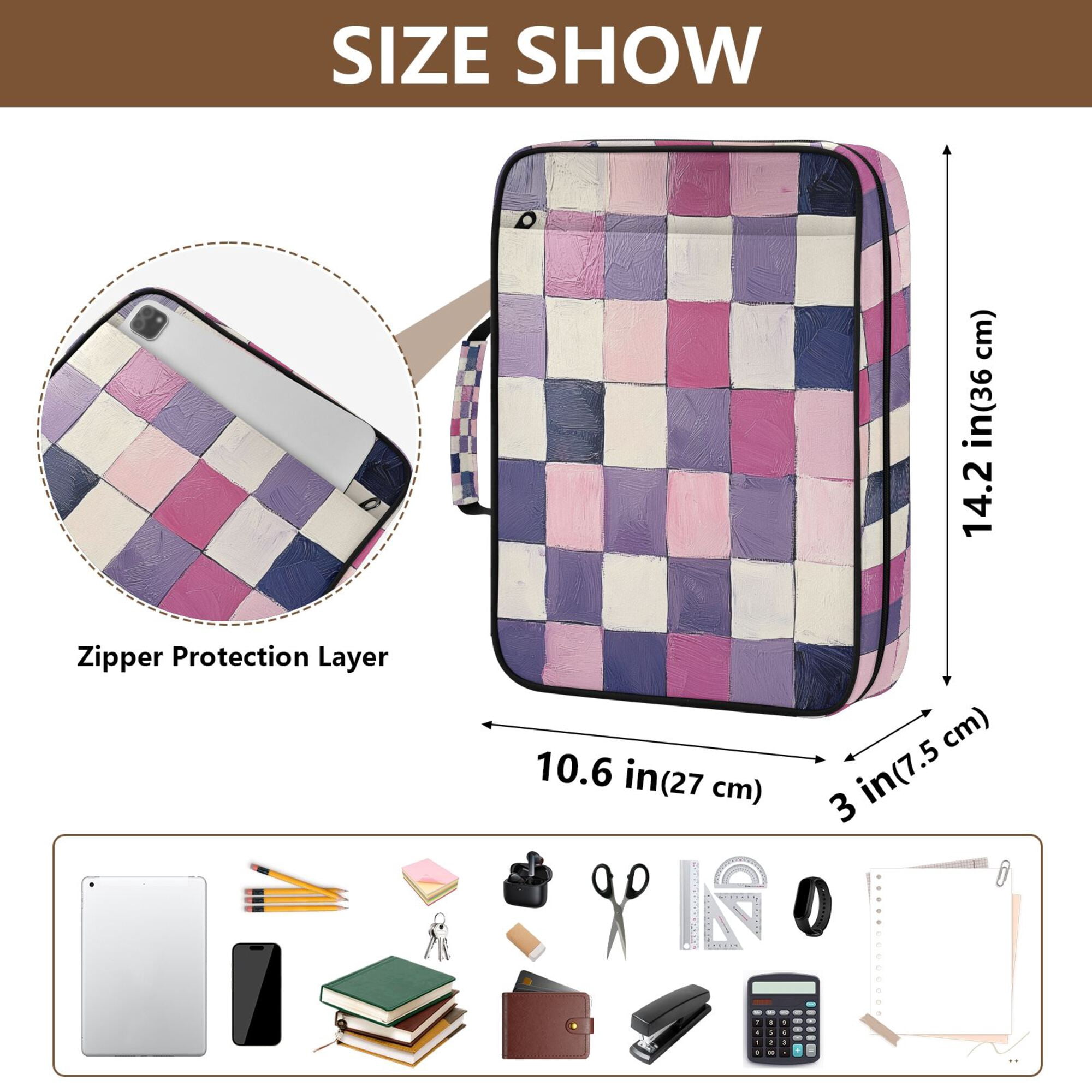 FORMRS Accordion File Folder A4 Size 7-Pocket Expanding Document Organizer Bag with 3 Ring Binder, Pink and Purple Plaid Pattern