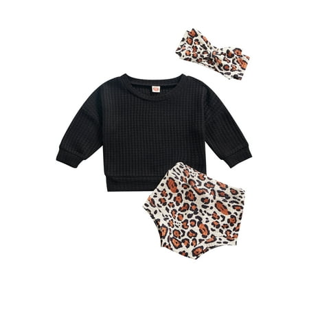 

Xingqing Newborn Baby Girl Summer Clothes Set Solid Long Sleeve Tops Leopard Print Shorts Bow Hairband Outfits 12-18 Months