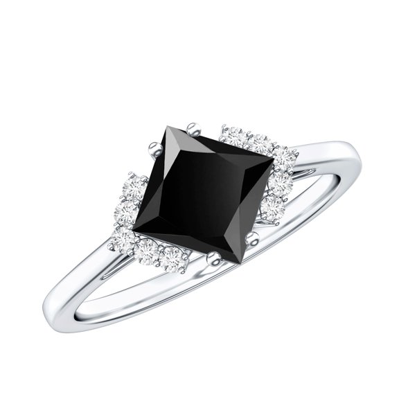 Rosec Jewels Princess Cut Lab Grown Black Diamond Engagement Ring for Women - 1 Carat - AAAA Grade - Black and White Diamond Ring, 925 Sterling Silver, US 4.00