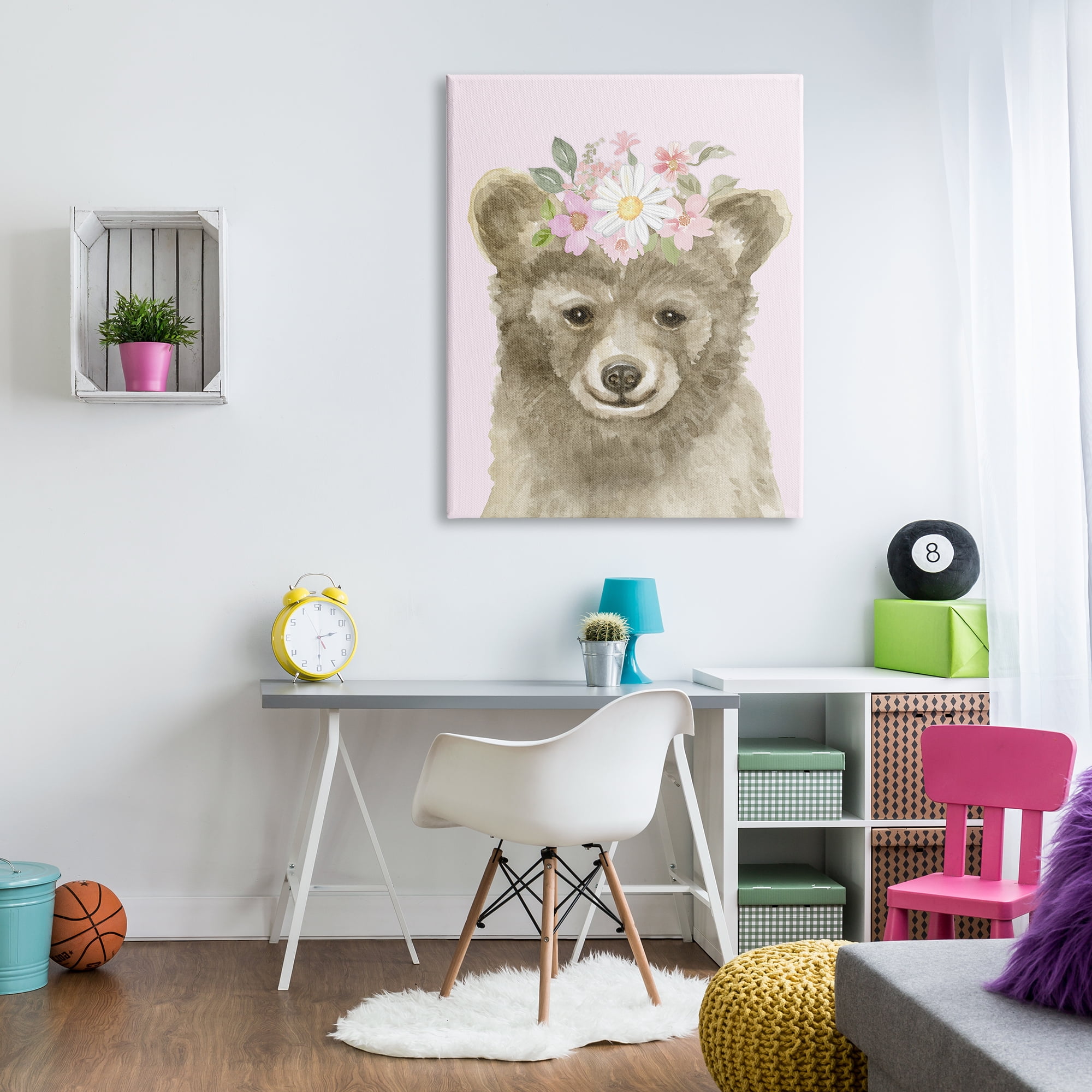 Stupell Industries Floral Bear on Pink Animals & Insects Painting Gallery Wrapped Canvas Print Wall Art, 36 x 48