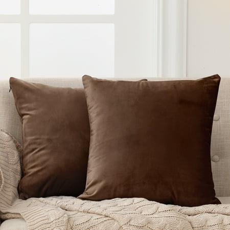 Deconovo Decorative Throw Pillow Covers 16x16 inch Velvet Pillow Cover Soft Pilloecase for Sofa, 16"x 16", Chocolate, 2 Pack