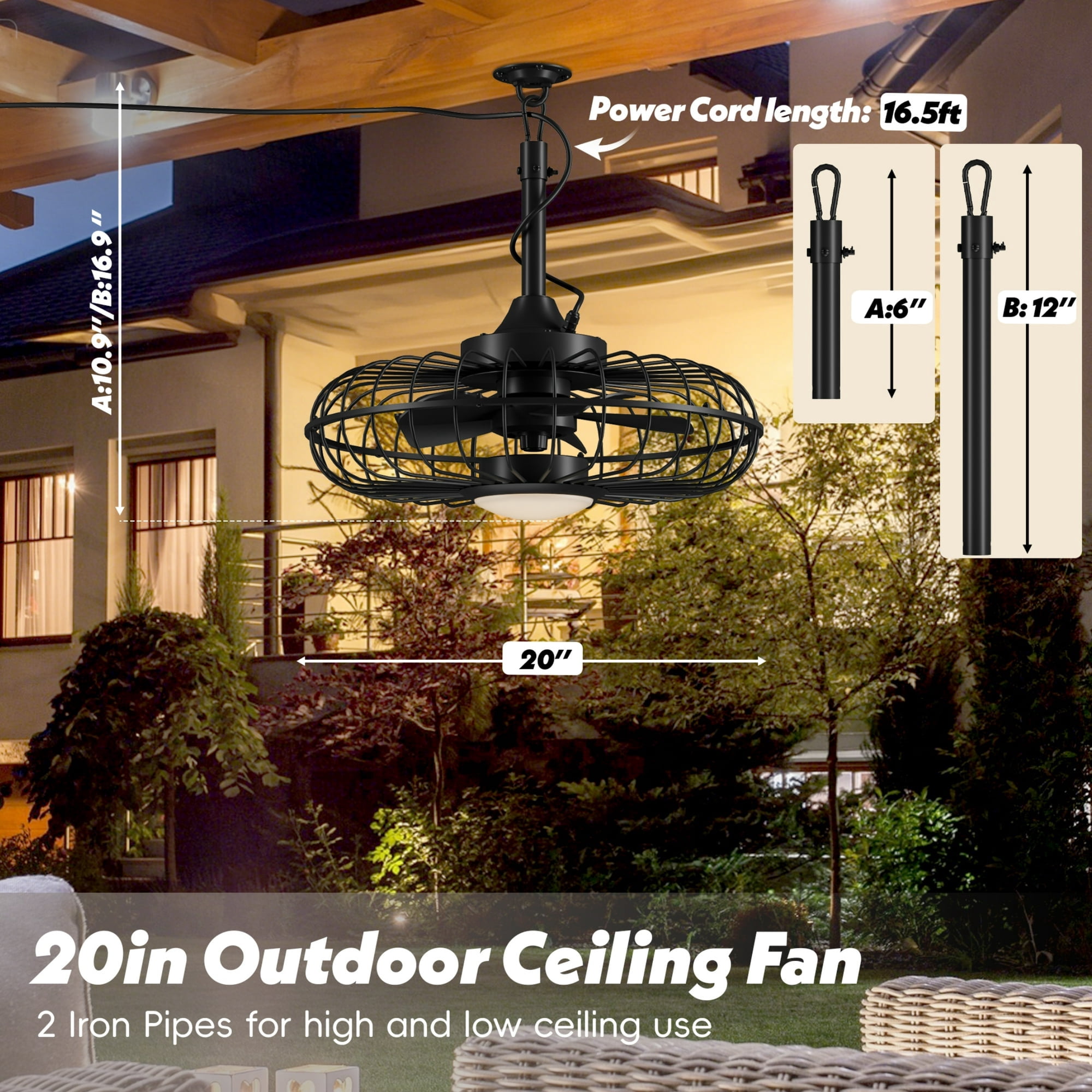 UrbanSync 20" Outdoor Ceiling Fan with Light with Remote, 3-Color Infinite Dimming, 6 Speeds + Timer, IP65 Waterproof & Energy-Efficient, for Patio, Porch or Gazebo (Black)
