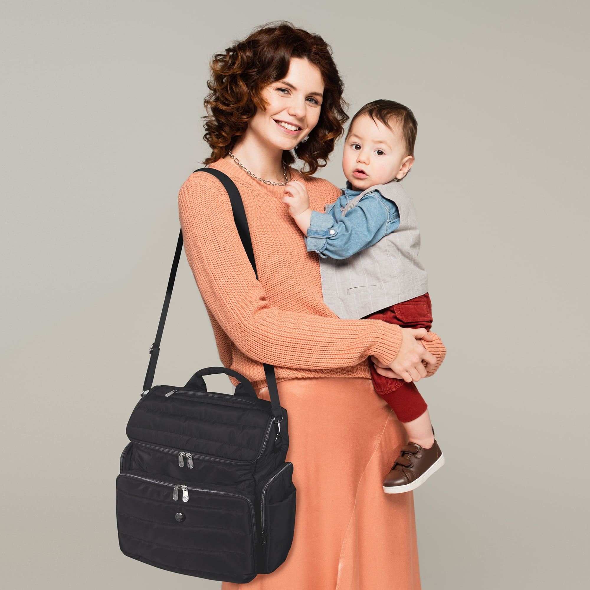 Fisher-Price Crossbody Tote and Diaper Bag Backpack - Changing Pad, Insulated Pocket - Black