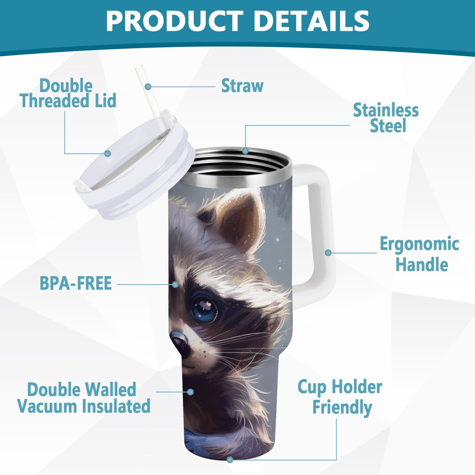 JSTEL Cute Raccoon Baby Animal 40 oz Tumbler Stainless Steel Water Bottle Vacuum Insulated Cup with Straw Lid & Handle For Travel Car Cup Holder