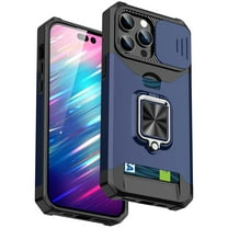 Dteck Phone Case for iPhone 14 Pro Max with Slide Lens Protection and Card Holder Hard Ring Stand Hybrid Mobile Slot Kickstand Cover, Navy