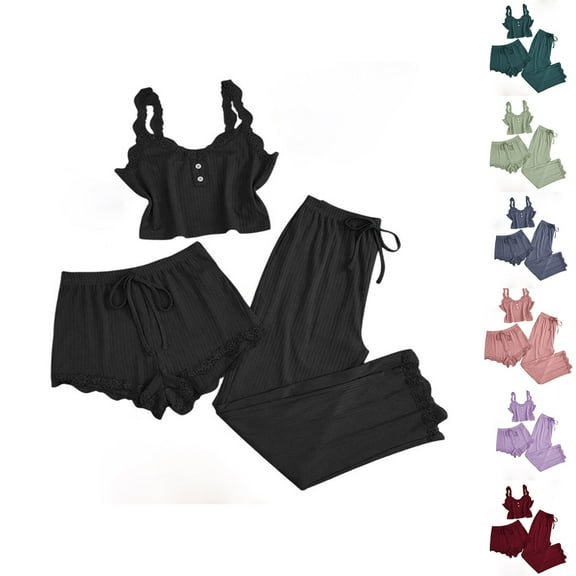 Agkizg Fall Women's Pajama Sets,Silk Pajamas for Women Set,Lace Patchwork Pajamas Home Clothes Three-piece Sets