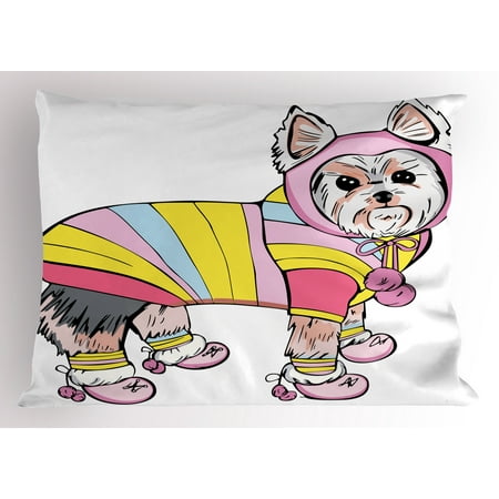 Yorkie Pillow Sham Cute Dog with Sports Gear on Running Gear on Going for a Walk Colorful Dress Fun, Decorative Standard Size Printed Pillowcase, 26 X 20 Inches, Multicolor, by