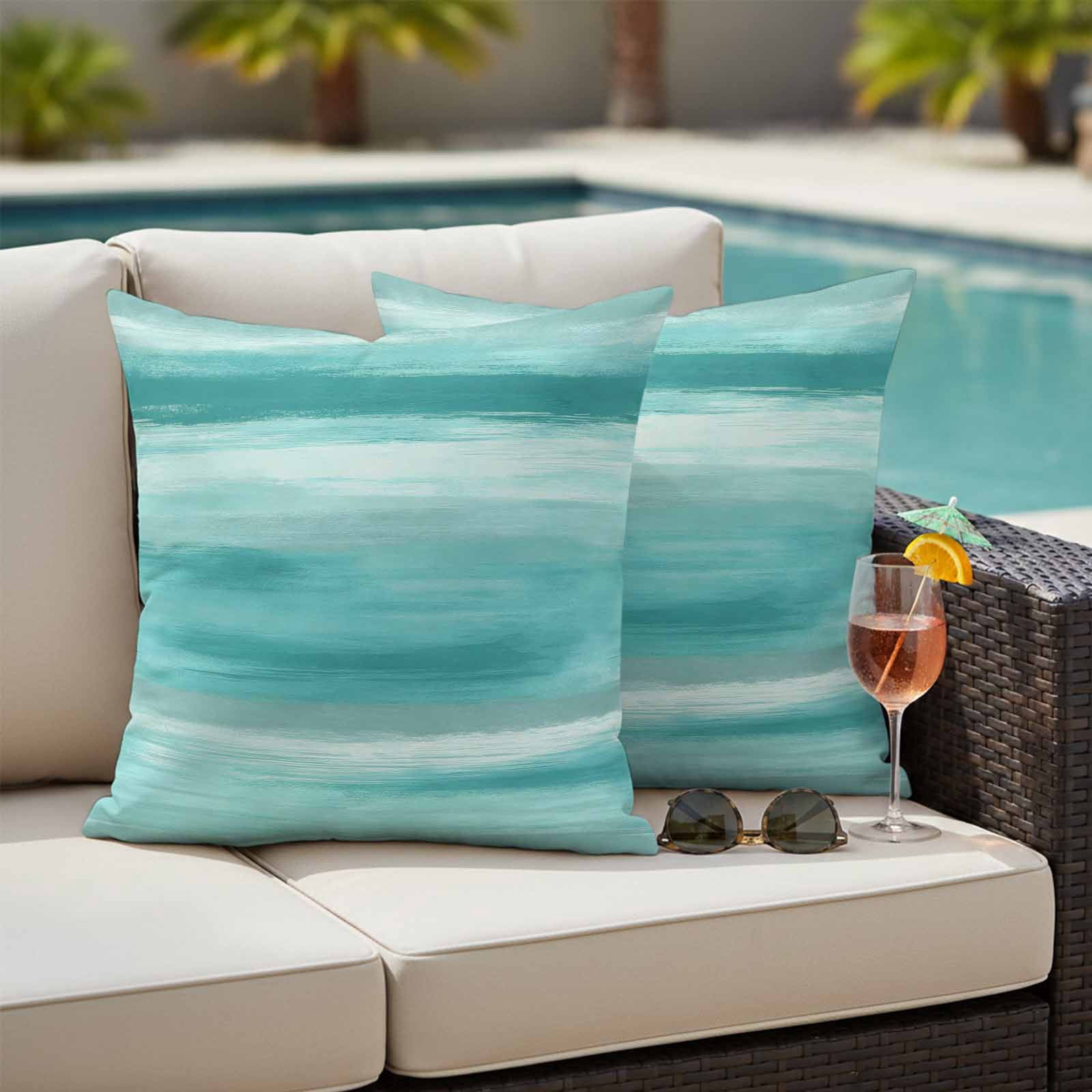 Teal Green Grey Outdoor Waterproof Pillow Covers, Abstract Art Oil Painting Turquoise Ombre Decorative Square Throw Pillowcase Sofa Cushion Sham for Patio/Couch/Chair, 20"x20" 2 Pack