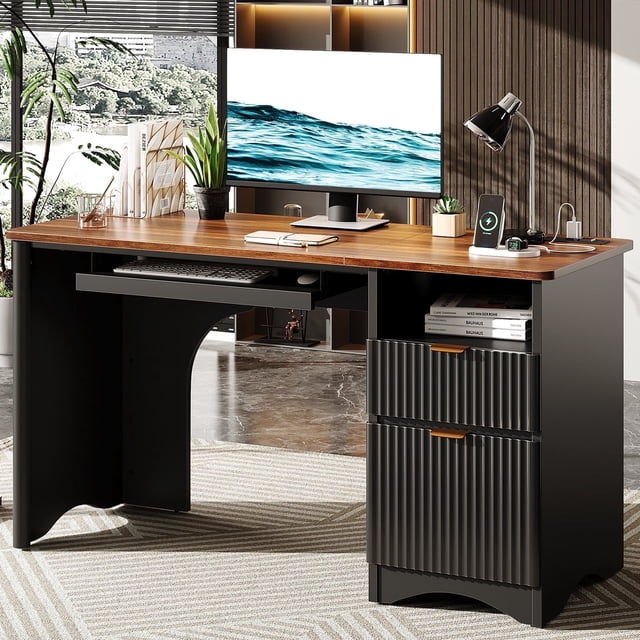 Bestier 55" Home Office Desk with Power Outlet & Keyboard Tray | Built-in USB Ports, File Drawer, Cable Management | Modern Computer Desk for Study, Gaming, Work (Walnut Black)